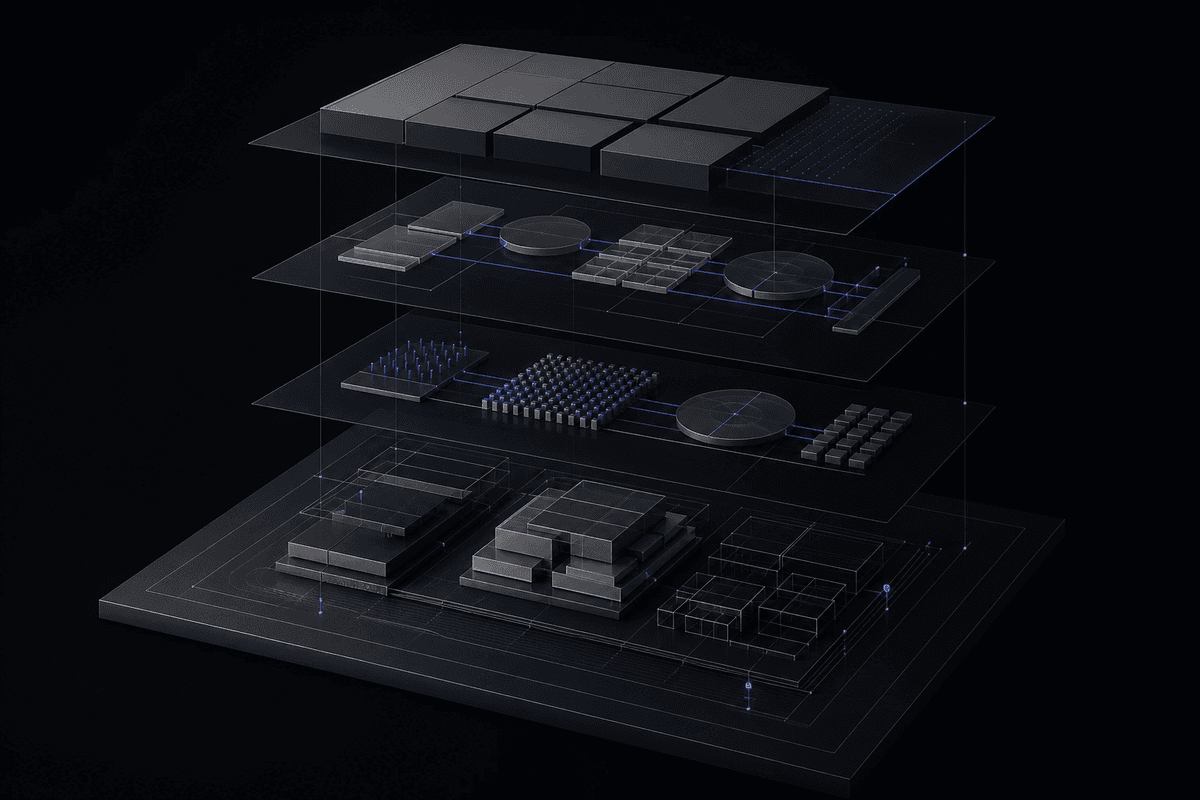 Exploded architectural layers of a modular enterprise AI system